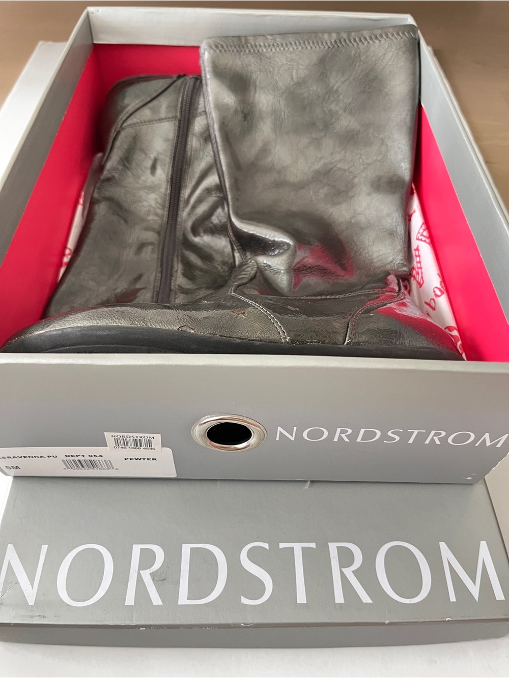 NORDSTROM Kids girls 5 Metallic Silver Mid-Calf Boots pewter patent leather!